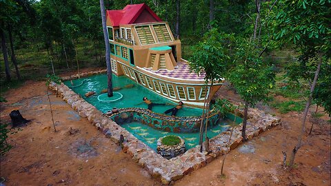 Build boat villa house beautiful & Swimming Pool & Fish pond : (Full Video)