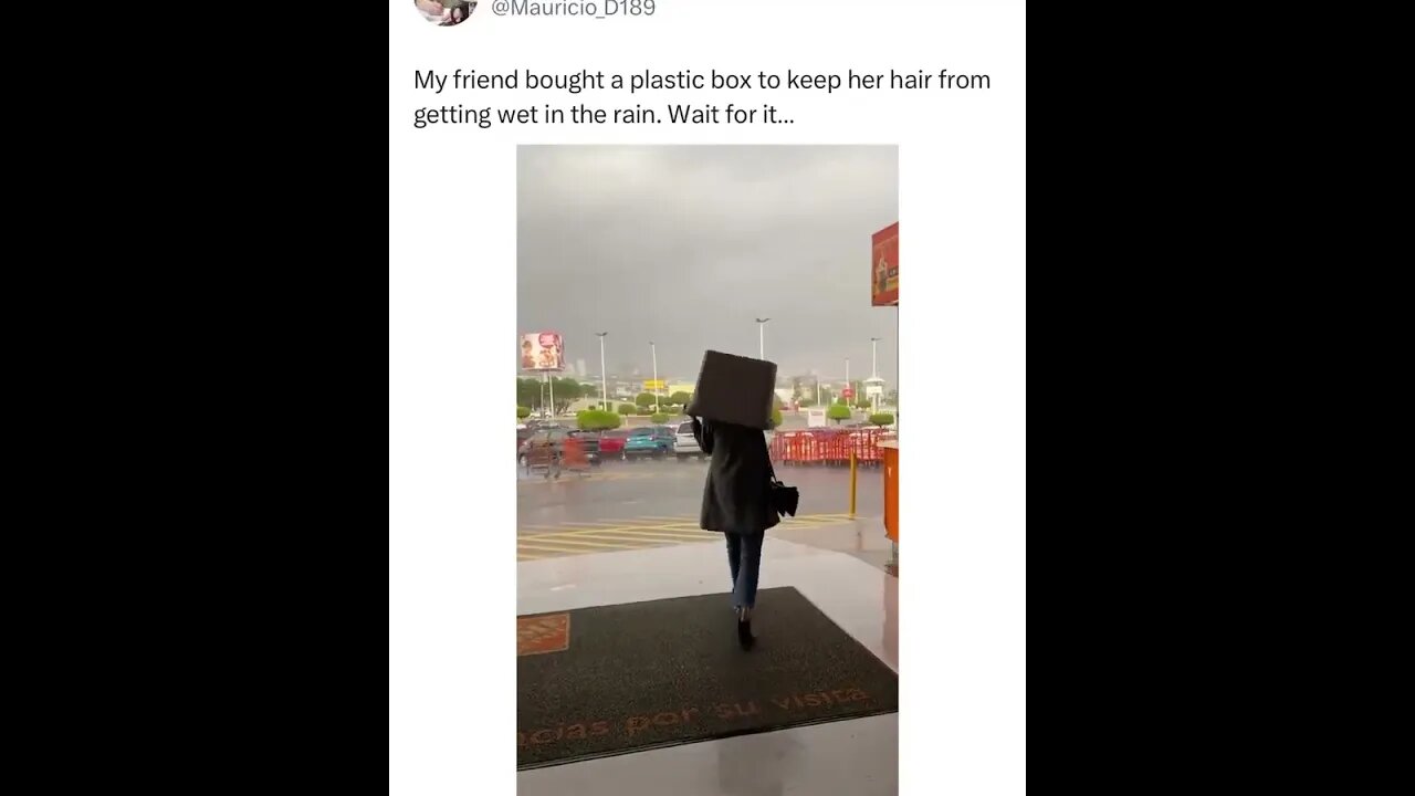 A friend bought a plastic box to keep her hair from getting wet.