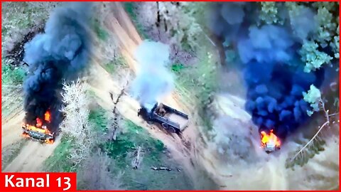 Trucks carrying ammunition and soldiers to Kherson burn like this after a drone attack