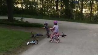 Cyclist runs over her brother in hilarious slow-mo accident