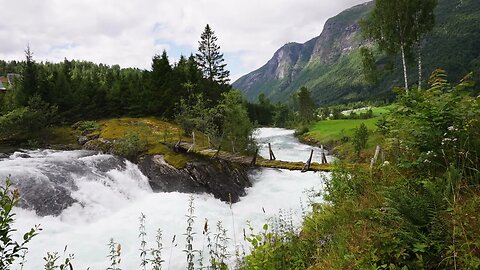 Tranquil River: 8 Minute Calming Music and Nature Sounds with Water Bridge and Wood Scene