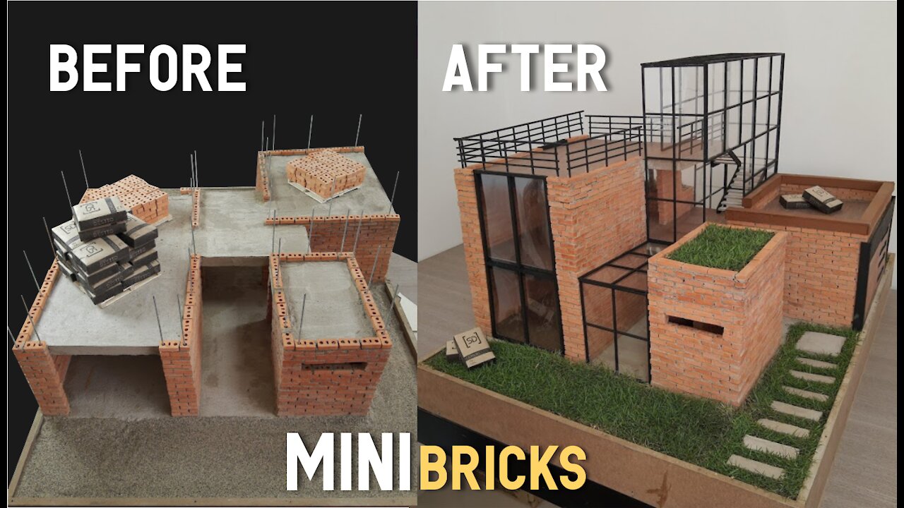 HOW TO MAKE A MINIATURE HOUSE WITH BRICKS - BRICKLAYING - MINI BRICKS - GLASS - STEEL - WALL - MODEL