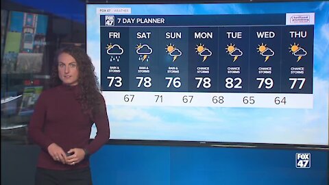 Forecast: Rain throughout the day, highs in the 70's