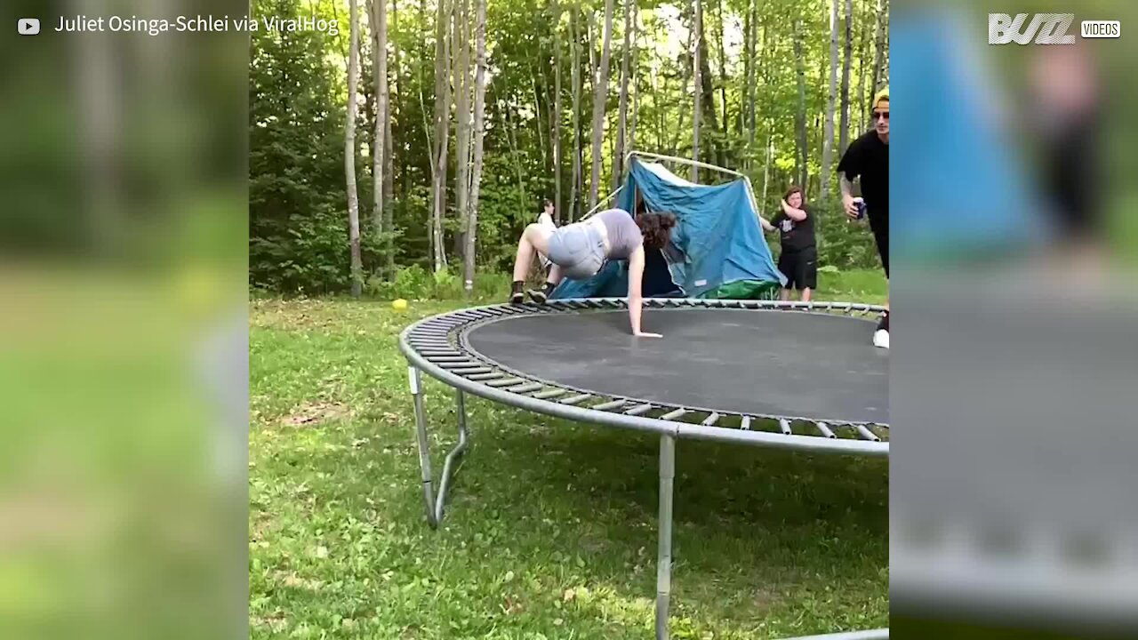 Trampoline jump ends in spectacular failure