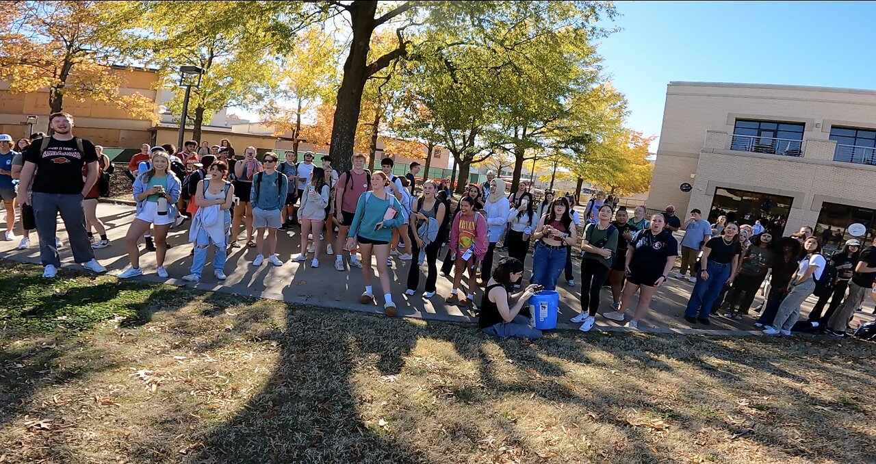 Univ of Arkansas: Lots of Hypocrites Rile Up A Volatile Crowd, A Local Subscriber Joins Me, One Student Rips Off My Hat & Runs Off, Police Called, Lots of Good Questions