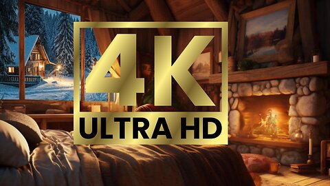 1 Hour Sleep Video Cozy Cabin Epic Winter Symphony: 4K UHD - Fireplace Crackling & Light Wind Sounds