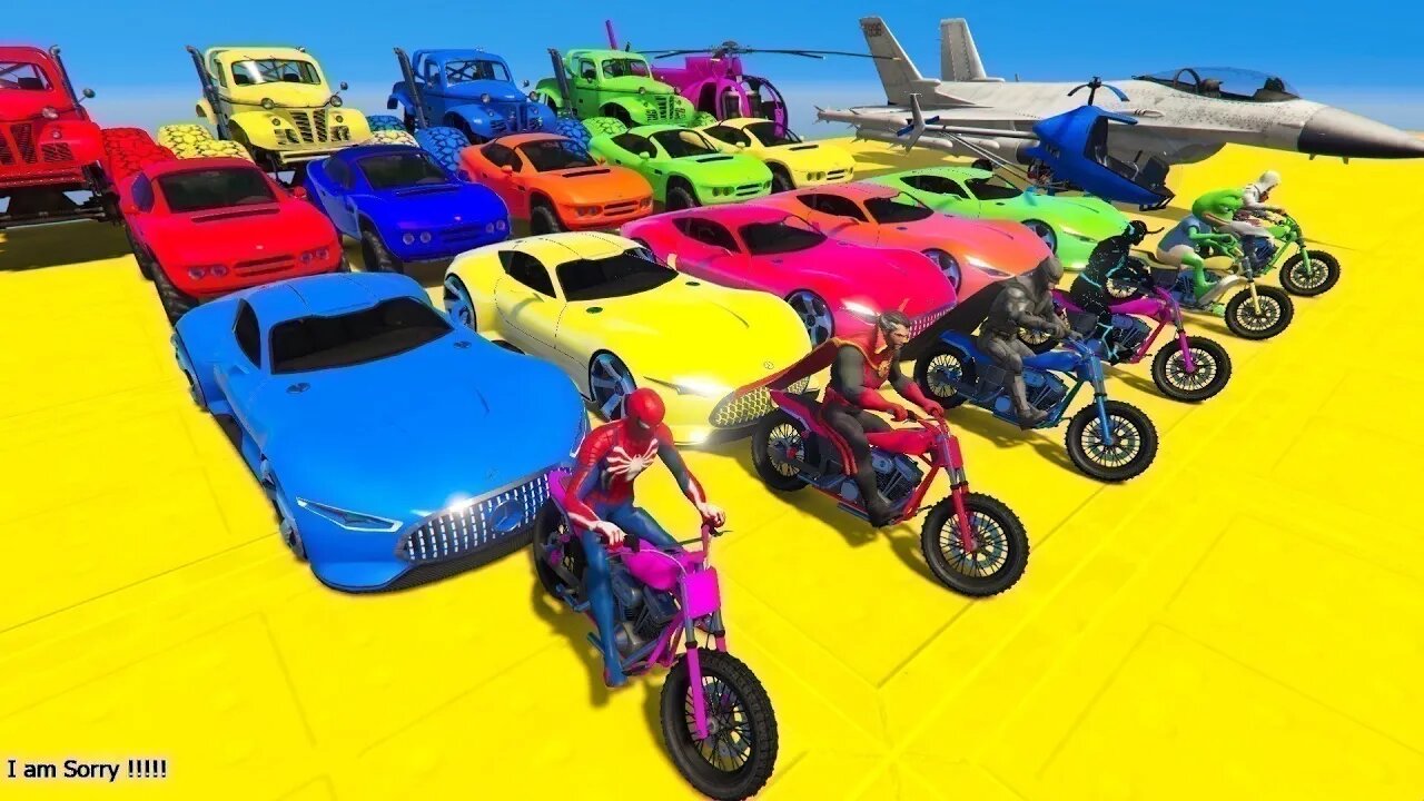 GTA V Mega Ramp On Bikes, Fighter Jets & Boats By Monster Trucks , Cars Spider man Racing Challenge