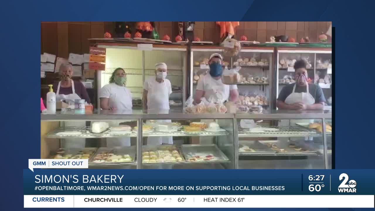 Simon's Bakery in Cockeysville says "We're Open Baltimore!"