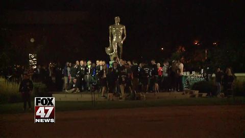 Students guarding Sparty statue for rivalry week