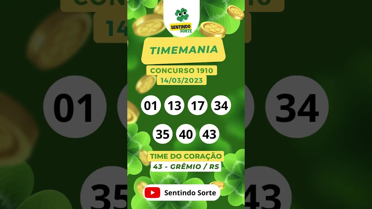 🍀 Resultado TIMEMANIA 1910 | Sentindo Sorte #shorts