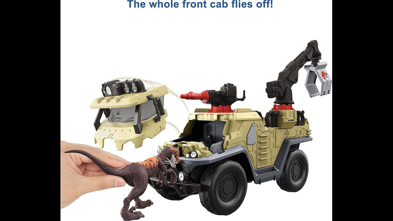 Jurassic World Dominion Capture & Crush Truck with Velociraptor, Vehicle Toy with Tranq Shooter, Crane & 2 Breakaways . Inspired by the adventure and thrills of Jurassic World Dominion, this Capture 'n Crush Truck is about 12 in long, wi