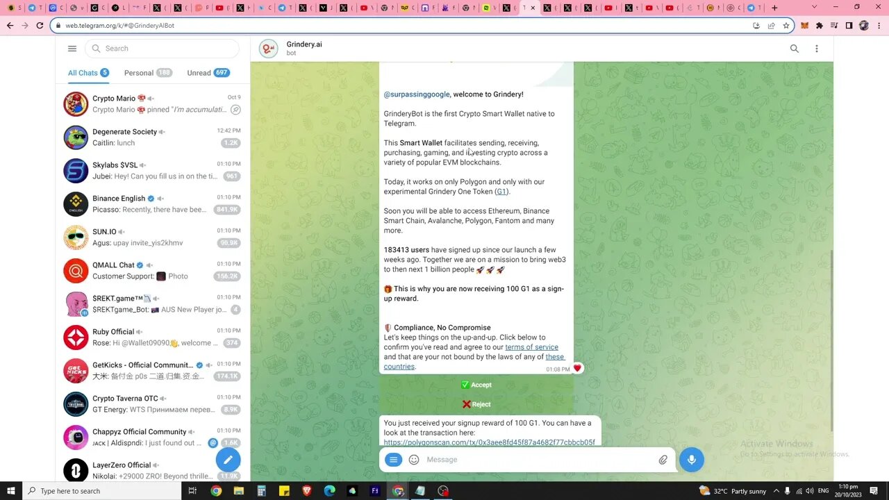 Earn 100 $G1 Tokens Instantly. An Airdrop From GrinderyAI, A Telegram Web3 Wallet Backed By Binance!
