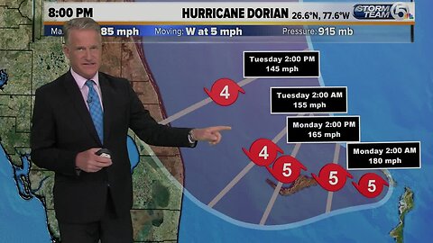 Category 5 Dorian packing 185 mph winds, Hurricane Warning for Jupiter Inlet to Brevard/Volusia