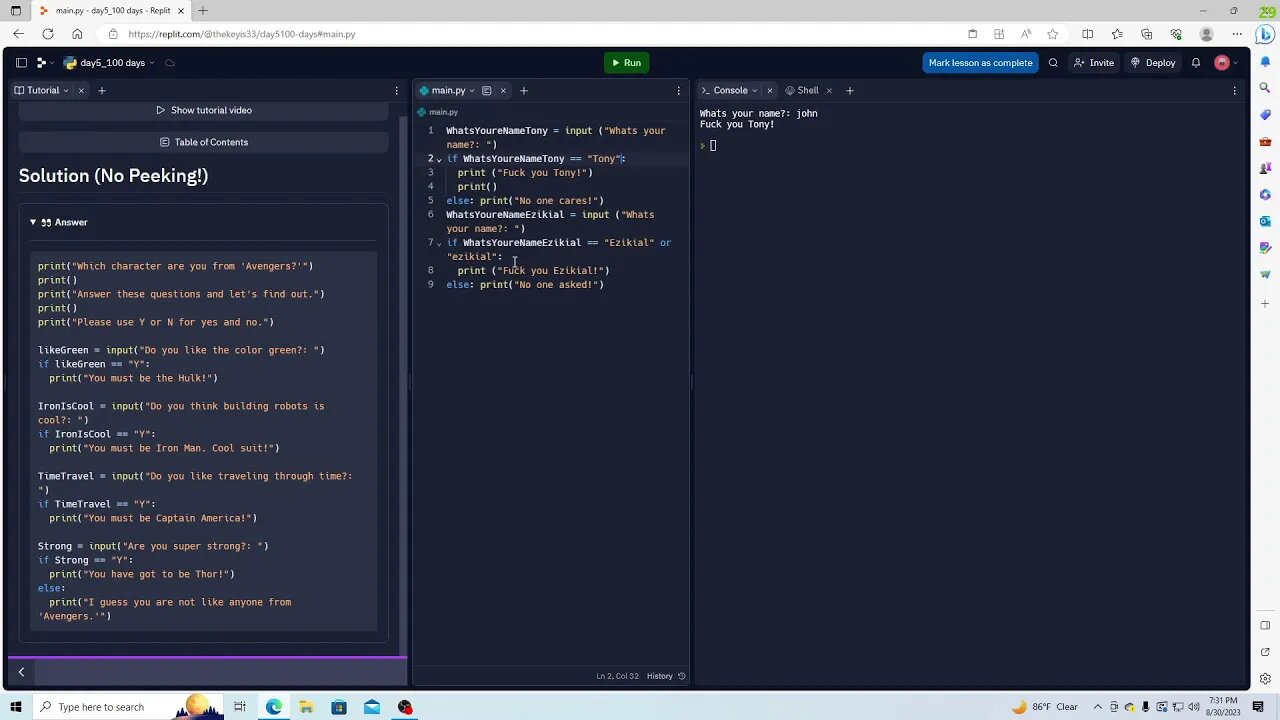 Replit :) Learning Python Day 5