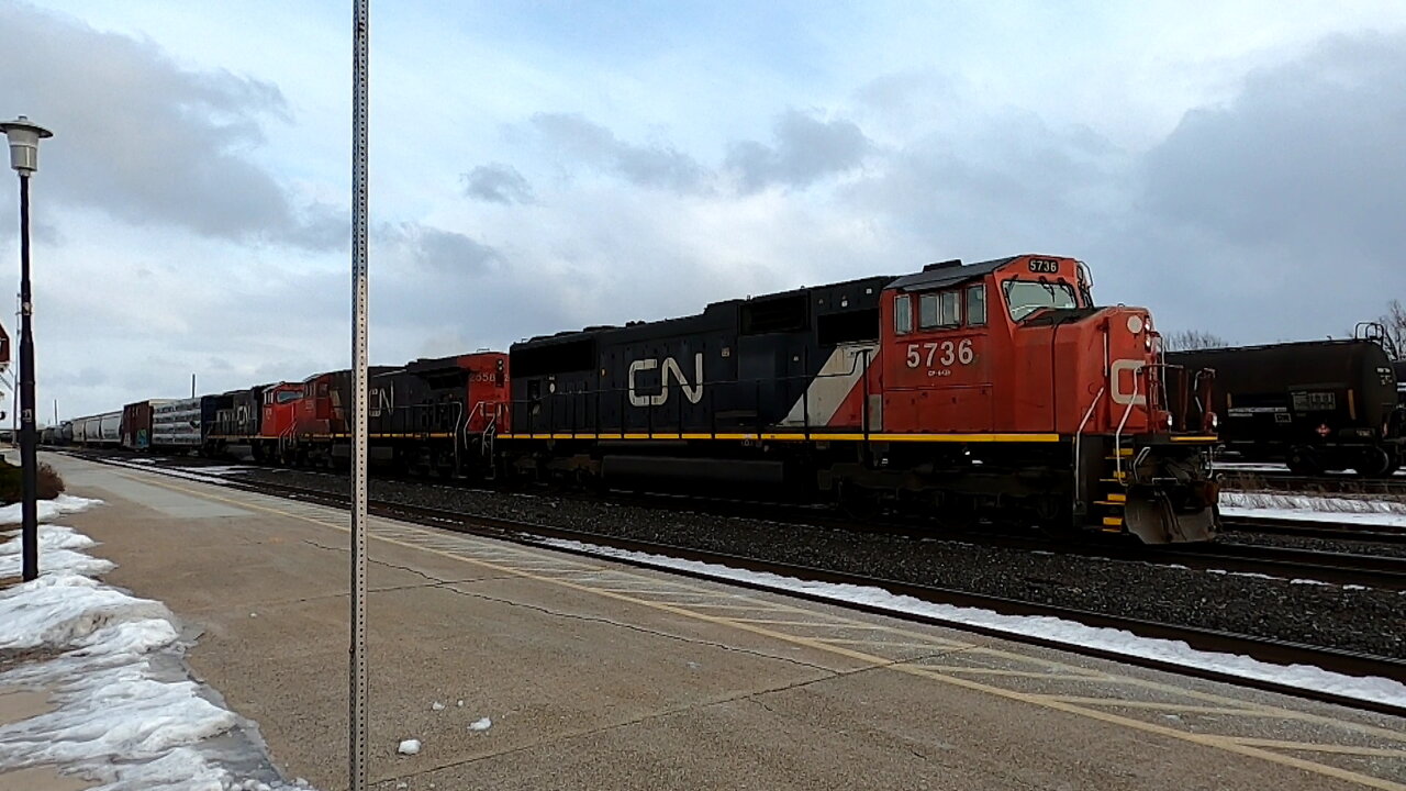 CN 5736, CN 2558 & CN 5711 Engines Manifest Train Westbound In Ontario