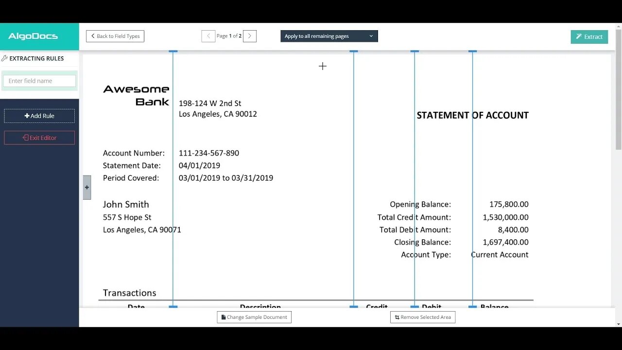 Extract data from Bank Statements using AlgoDocs