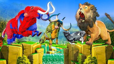 SpiderMan Mammoth Vs Giant Lion Attack Buffalo Cow Family Saved By Elephant Animal Fight Epic Battle