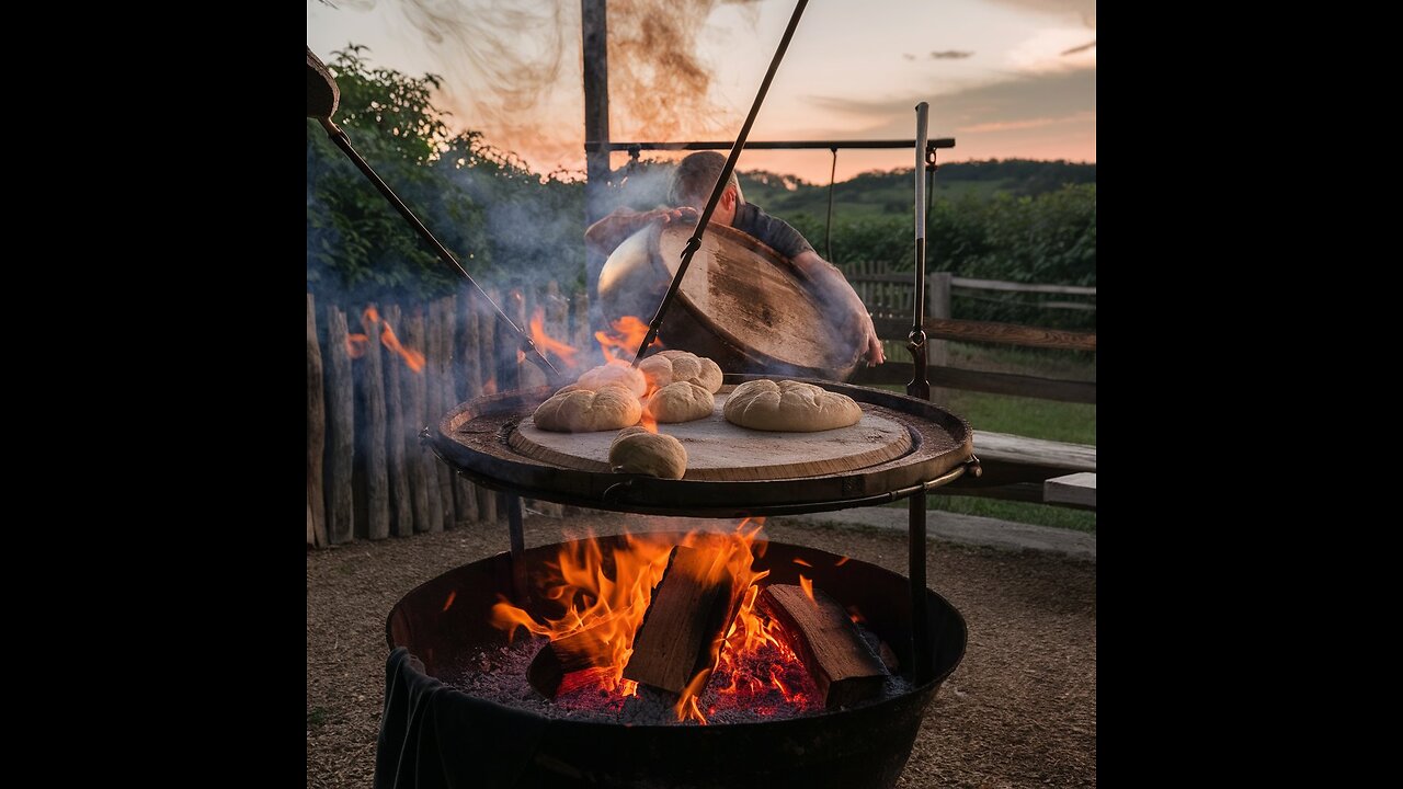 Traditional Lavash Bread: Baking Bread on a Barrel Over Wood Fire