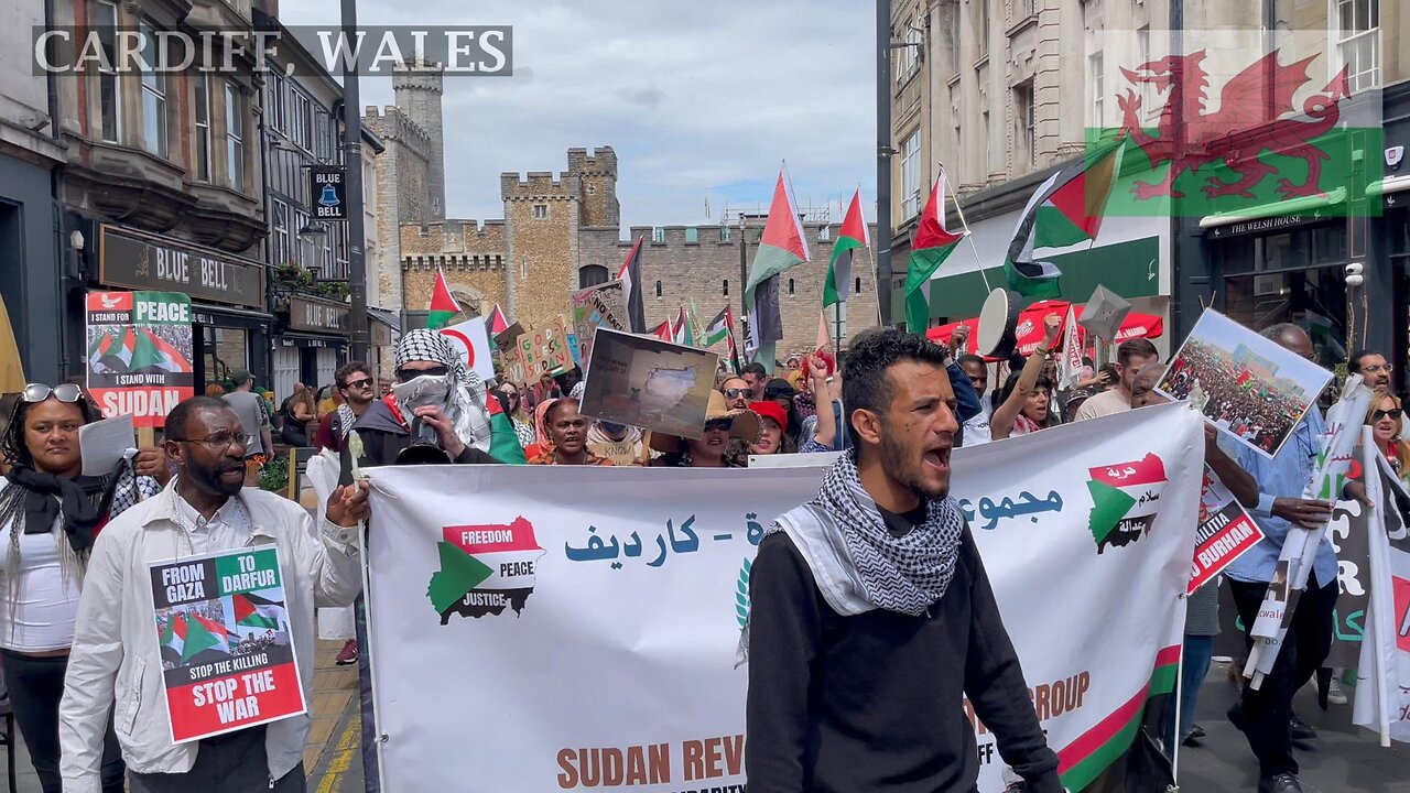 March for Sudan and Palestine. Castle Street, Cardiff