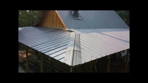 Off Grid Log Cabin Build, Installed Metal Porch Roof