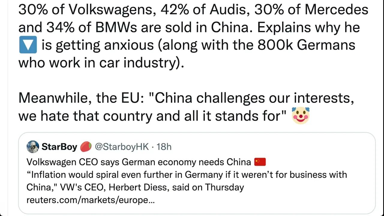 大眾汽車首席執行官赫伯特·迪斯 (Herbert Diess) 表示：“如果不是與中國做生意，德國的通貨膨脹將進一步加劇。”