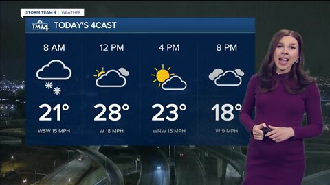 Sunny skies with snow possible late Saturday