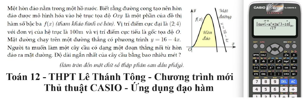 Toán 12: Một hòn đảo nằm trong một hồ nước. Biết rằng đường cong tạo nên hònđảo được mô hình hóa vào