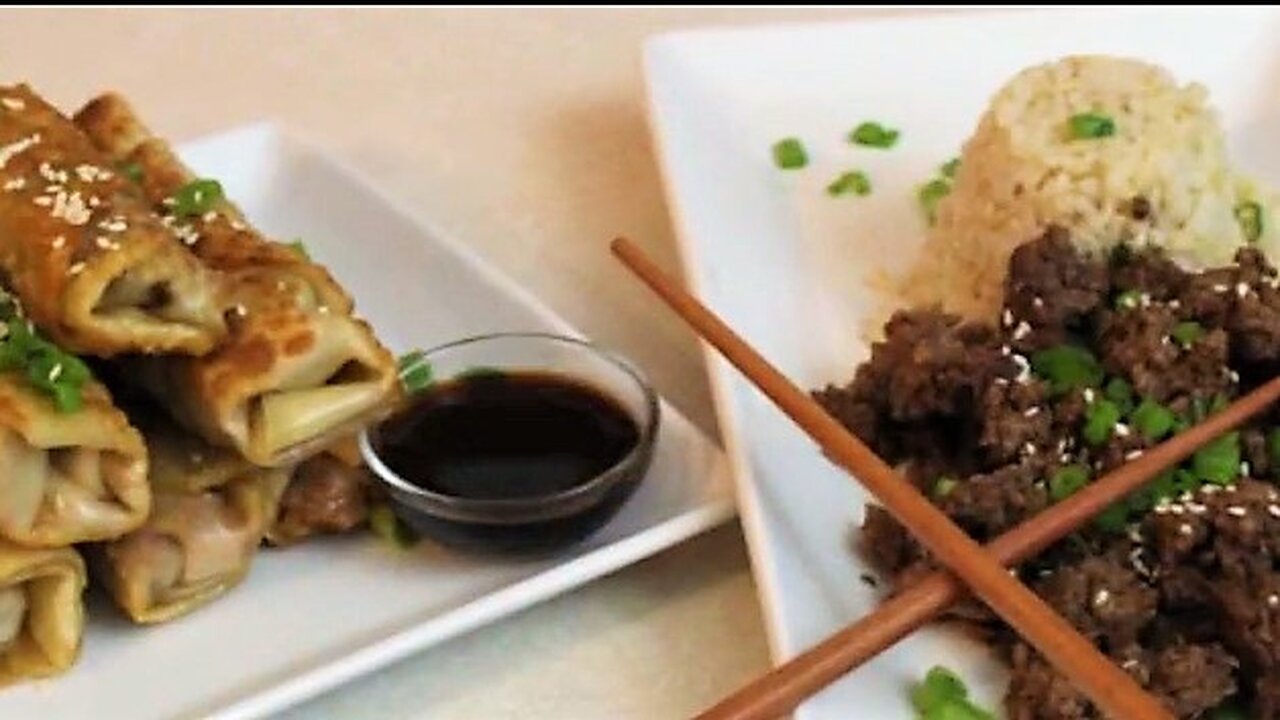 Korean Beef Bowl with Kimchi Egg Roll