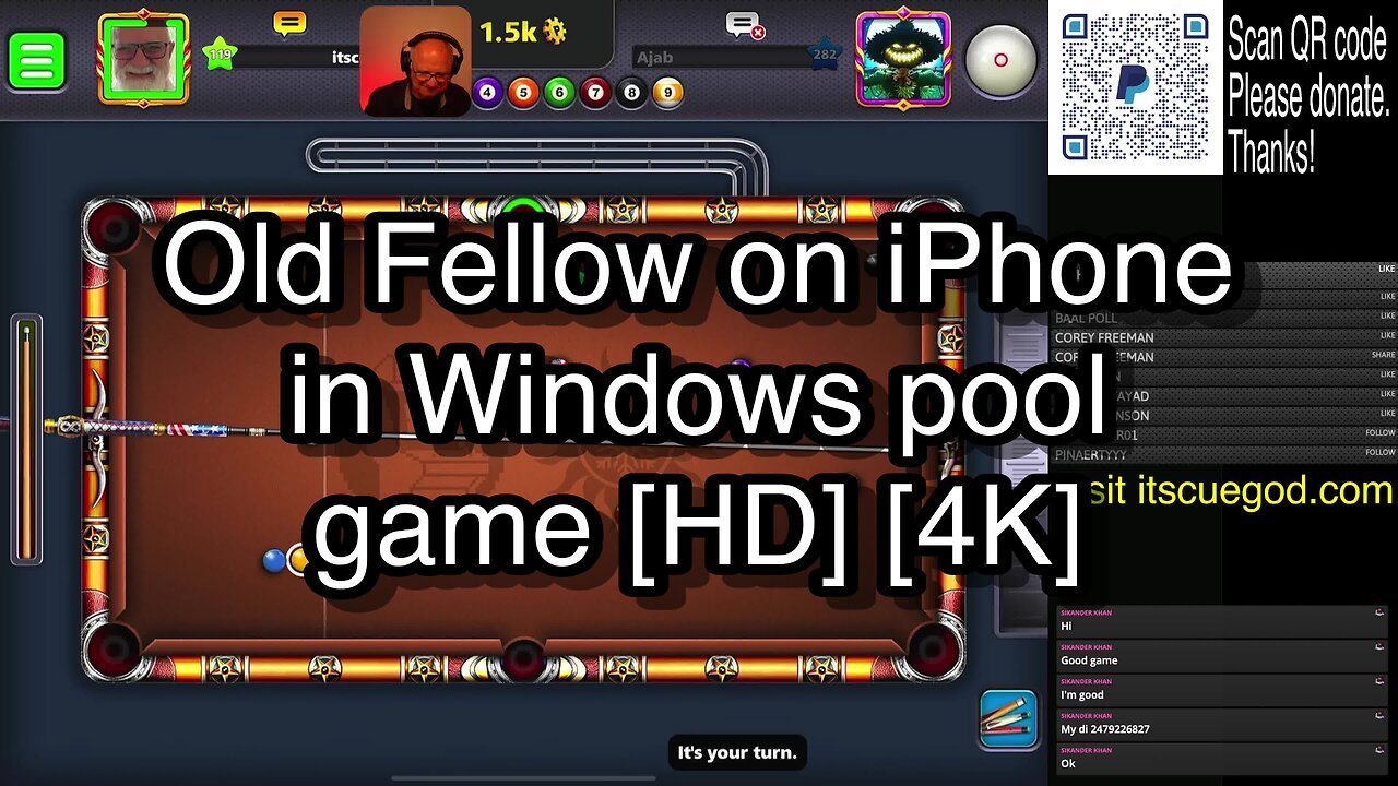 Old Fellow on iPhone in Windows pool game [HD] [4K] 🎱🎱🎱 8 Ball Pool 🎱🎱🎱