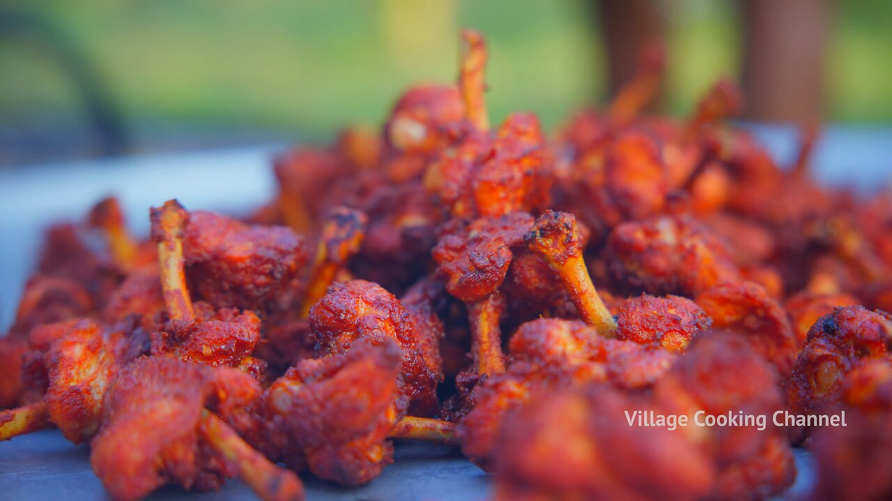 CHICKEN LOLLIPOP | Fried Chicken Recipe Cooking & Eating In Village | Chicken Wings Recipe Making