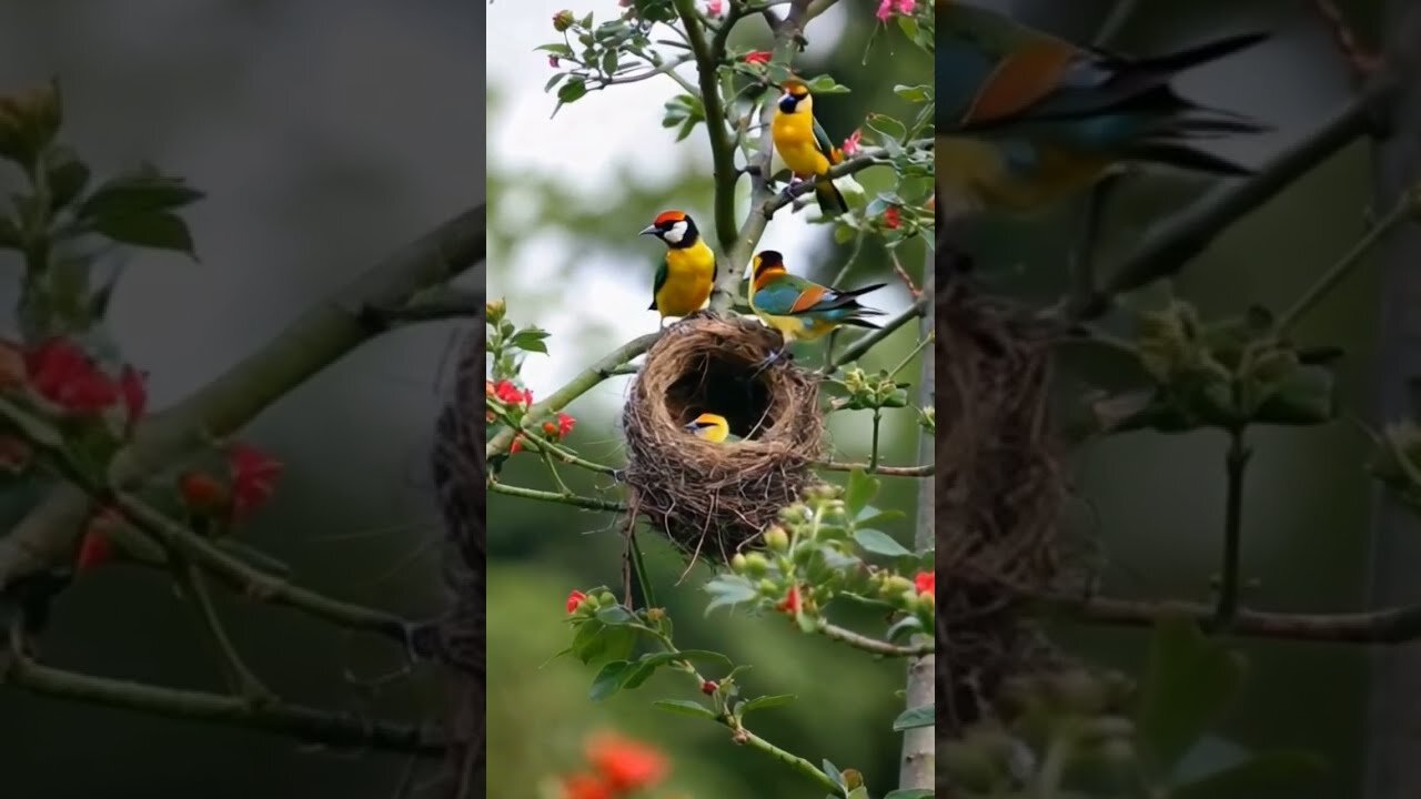 the colorful goldfinch birds and their chiks in a noisy nest#birds #beautiful #cute #nature #viral