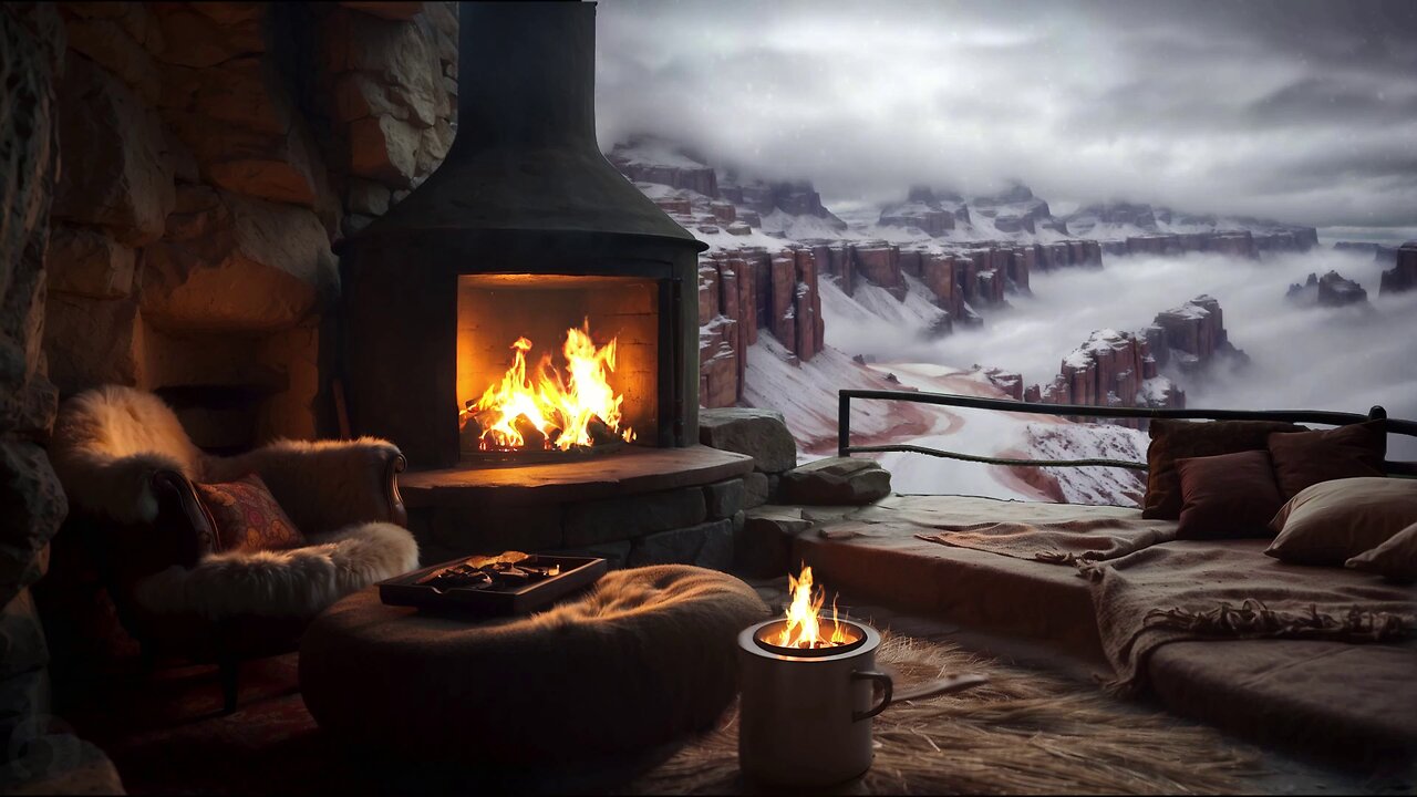 Crackling Fireplace & Snowy Balcony Ambience | Relaxing Winter Camping in a Cozy Cave