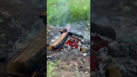 Glowing embers in a camp fire