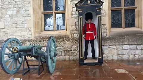 Raining at the Tower of London Queen's Guard steps in side his box 6/9/22 #horseguardsparade