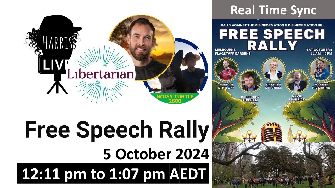 Real Time: 5 Oct 2024 Free Speech Rally, Melbourne (12:11 pm - 1:07 pm AEDT)