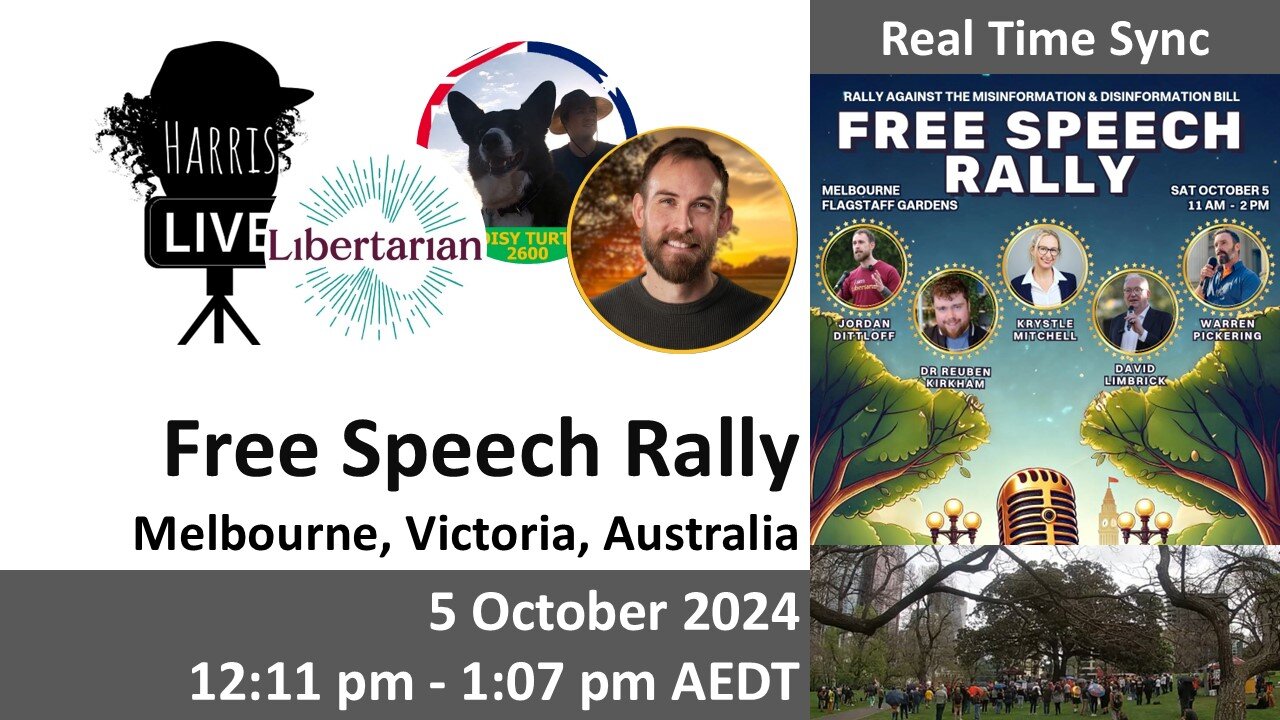 Real Time: 5 Oct 2024 Free Speech Rally, Melbourne (12:11 pm - 1:07 pm AEDT)