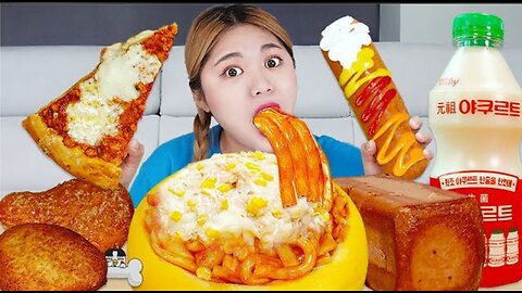 MUKBANG Giant Size Cheese Pokemon Pizza FIRE NOODLES