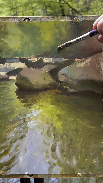 Plein air painting a creek using acrylics