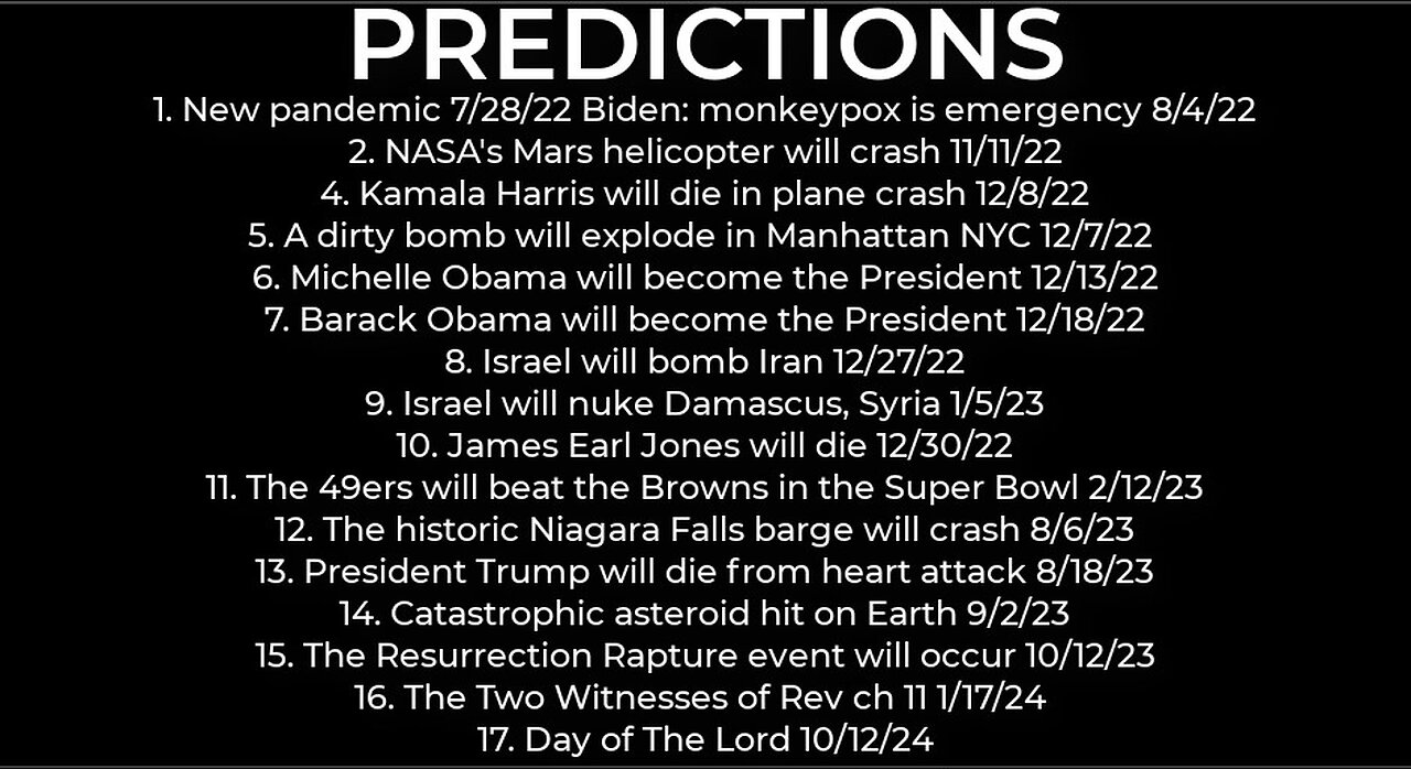 PREDICTIONS - Harris' plane crash 12/8; dirty bomb NYC 12/7; Obama President 12/18