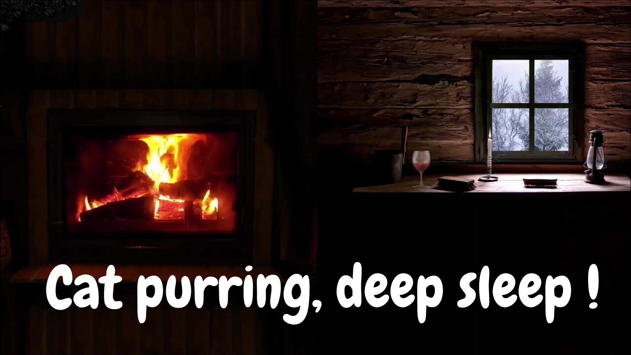 Sleepy cat purring near a cracking fireplace inside a warm cozy cabin ,deep sleep session.