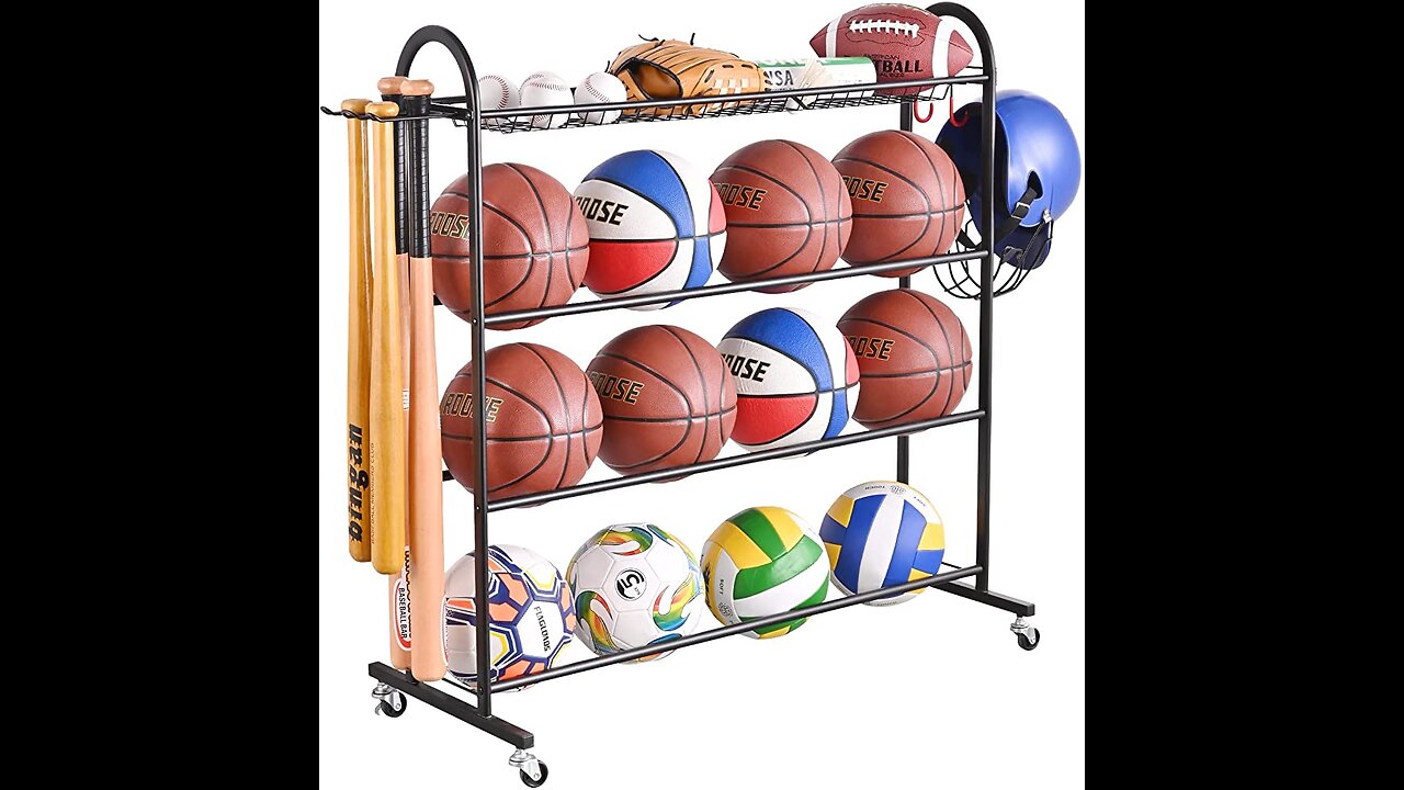 Jubao Garage Ball Storage Rack Rolling Sports Rack Organizer with Casters Wheels,Indoor Sports...