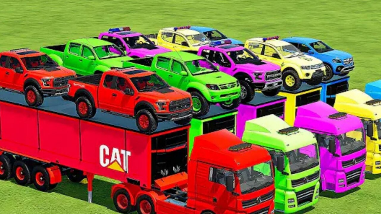 TRANSPORTING TOYOTA, FORD RAPTOR & MERCEDES PICKUP WITH VOLKSWAGEN TRUCKS! Farming Simulator