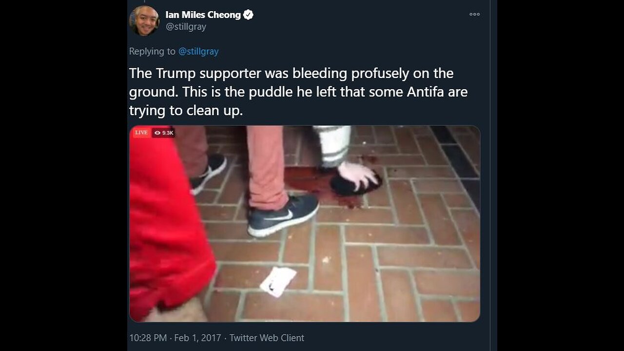 Feb 1 2017 Berkeley Milo's speech 1.9.3 'Anyone have bleach?' Antifa cleaning up blood from attack