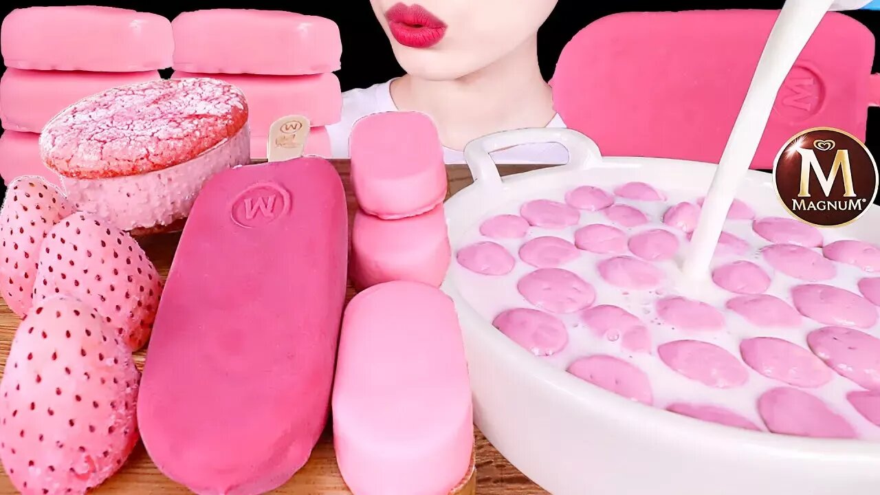 ASMR MUKBANG|PINK ICE CREAM, MAGNUM, CHOCOLATE, MALTESERS,