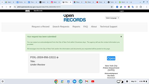 FOIL request I made to obtain records from the NYPD on May 13, 2024.
