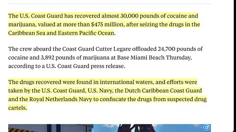 🟨 美國海岸警衛隊在加勒比海和東太平洋緝獲近 30,000 磅可卡因和大麻，價值超過 4.75 億美元。 🟨