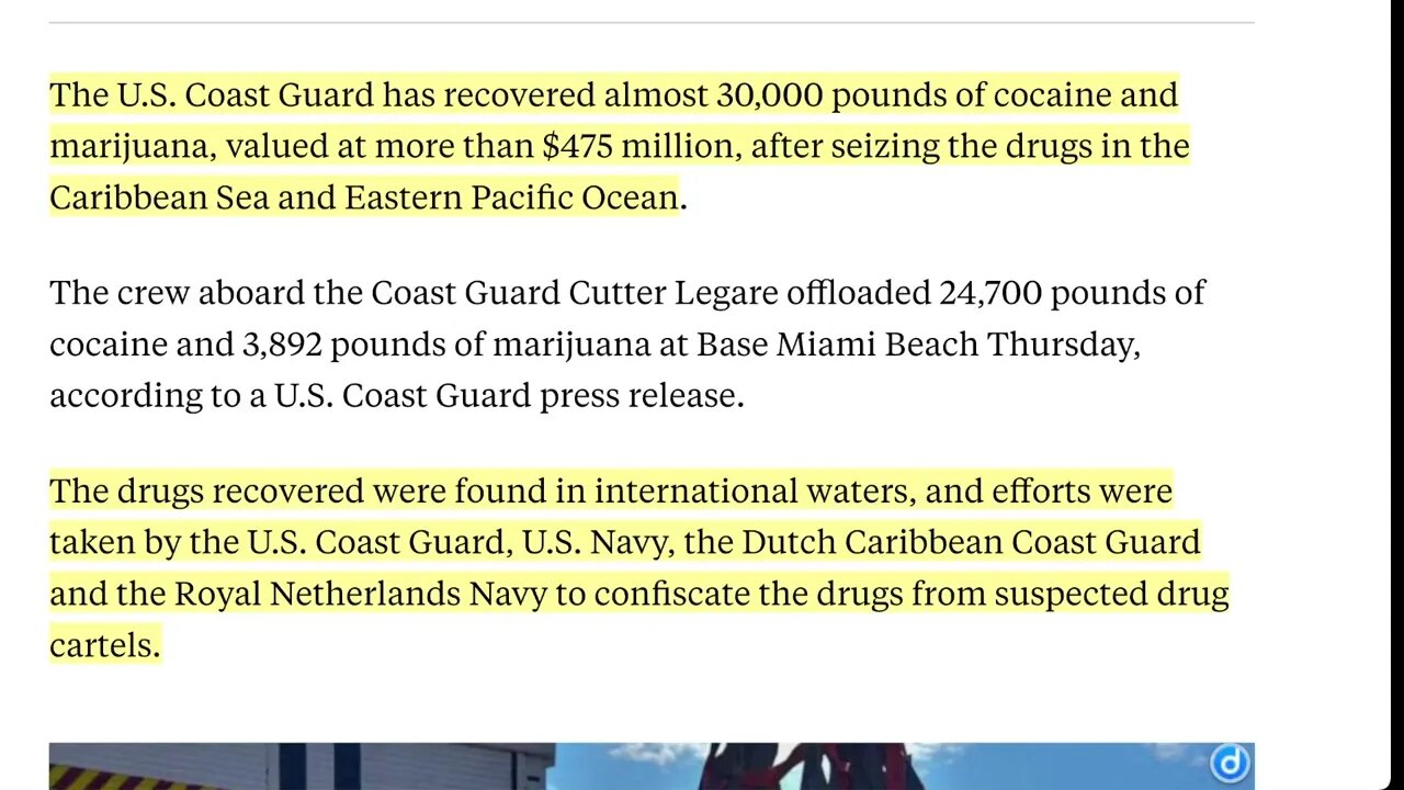 🟨 美國海岸警衛隊在加勒比海和東太平洋緝獲近 30,000 磅可卡因和大麻，價值超過 4.75 億美元。 🟨