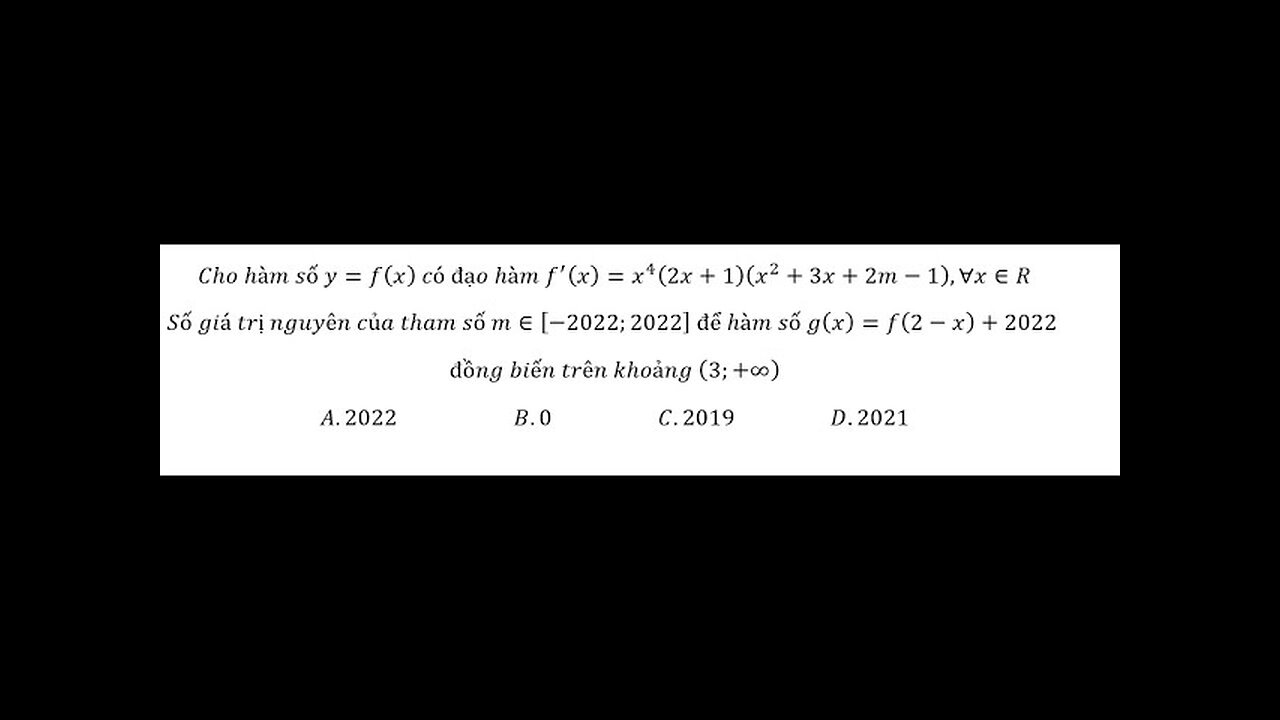 Toán 12: Cho hàm số y=f(x) có đạo hàm f'(x)=x^4 (2x+1)(x^2+3x+2m-1),∀x∈RSố giá trị nguyên của