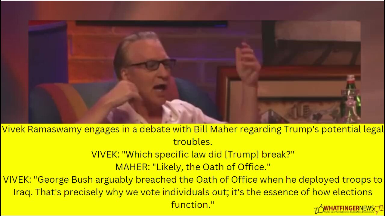 Vivek Ramaswamy engages in a debate with Bill Maher regarding Trump's potential legal troubles.