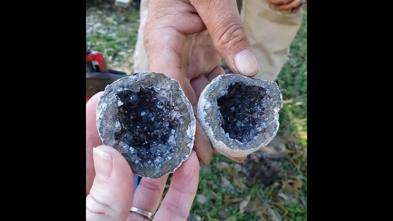 Cracking open a smoky quartz geode. With copper inclusions.